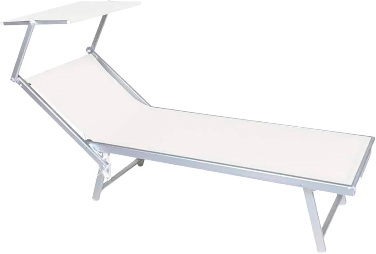 Lettino Sdraio con Parasole in Textilene e Telaio in Alluminio Bianco 186x61x38cm