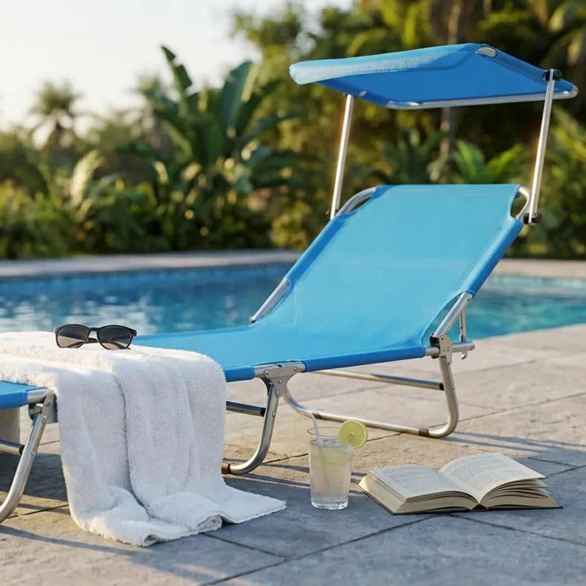 Lettino Sdraio Pieghevole con Tettuccio Azzurro in Alluminio e Textilene per Campeggio e Piscina