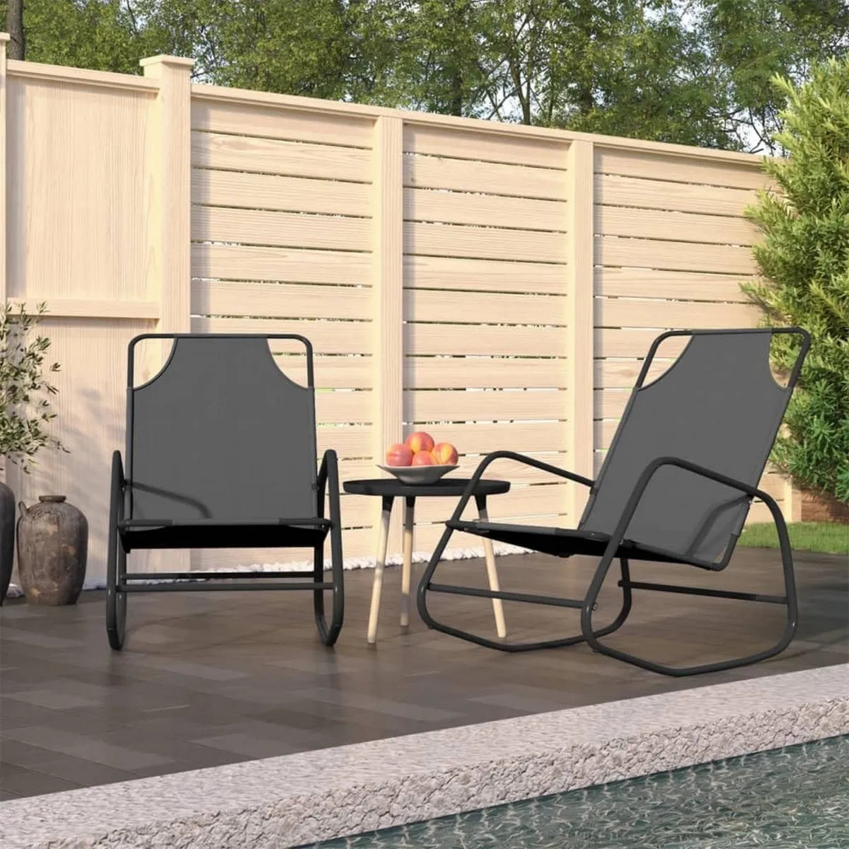 Set 2 Lettini Prendisole a Dondolo con Parasole in Acciaio e Textilene Grigio per Giardino e Patio