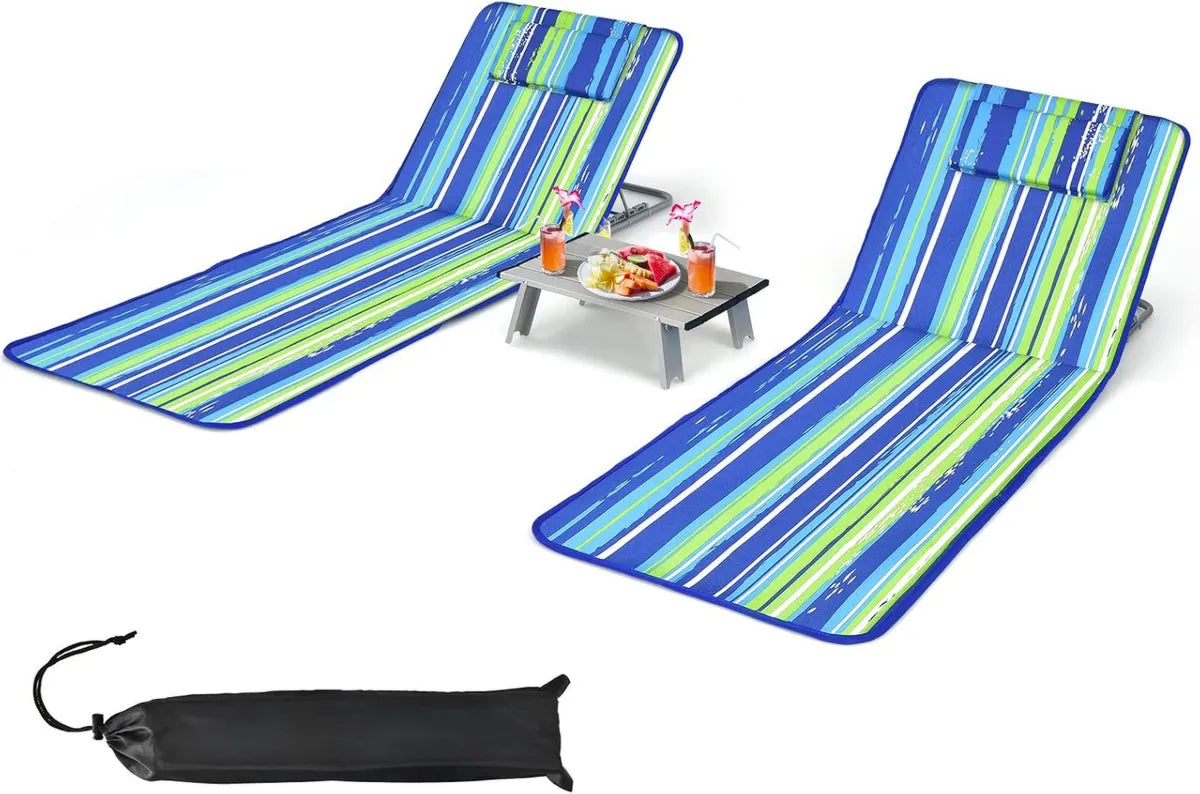 Set di Materassi da Spiaggia Pieghevoli con Tavolino e Sedie Regolabili, Poggiatesta Rimovibile, Ideale per Giardino e Campeggio (Blu e Verde)
