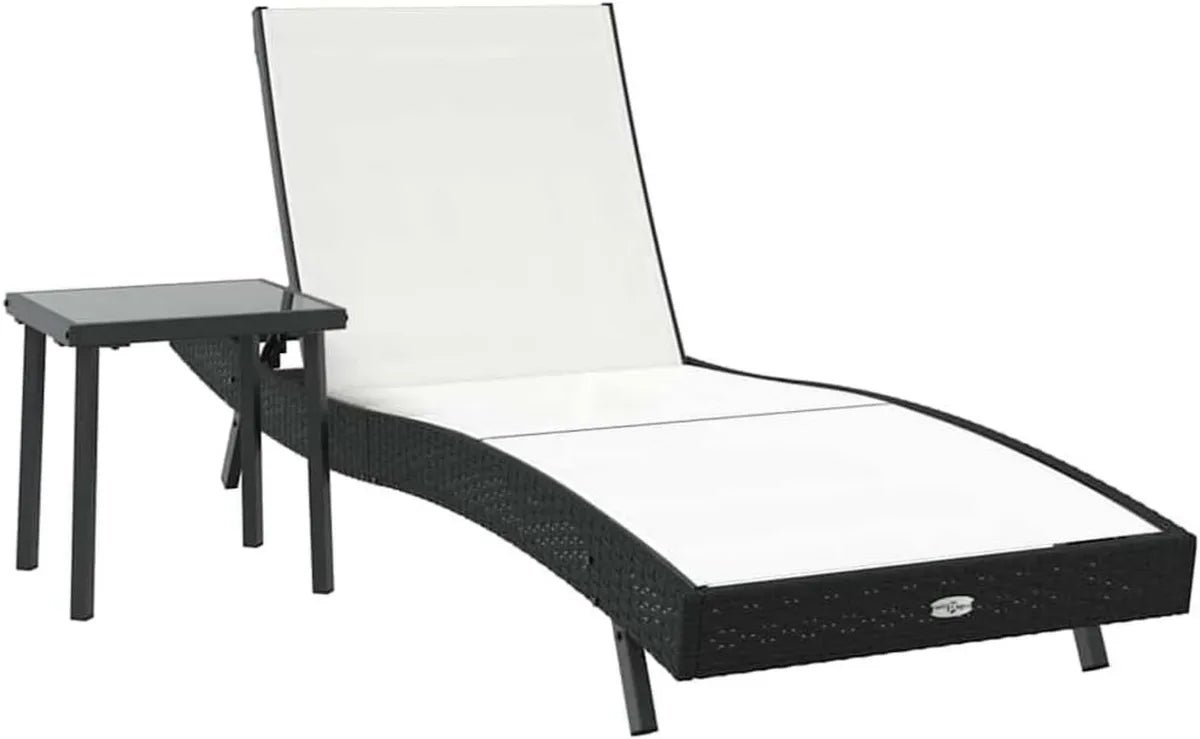 Set di Lettini Prendisole in Polyrattan Nero e Bianco con Tavolino, Sdraio Regolabile 4 Posizioni per Esterno