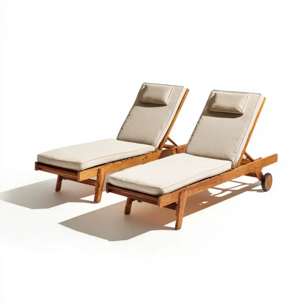 Outdoor Patio Recliner Set - Teak Wood 200x70x50 cm Beige Cushions - Adjustable