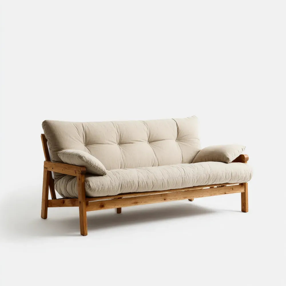 Sofa mit Kissenpolsterung – 180x85x75 cm Naturholzrahmen Beige – Modernes Design